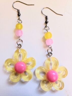 Handmade Pink Yellow Beaded Resin Glass Flower Earrings